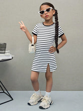 Young Girl Striped Knit Crew Neck Form-Fitting Casual Dress